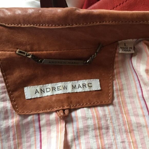 ANDREW MARC Whipstitch trim Rust Leather Blazer one button jacket Cognac Large - Picture 8 of 8